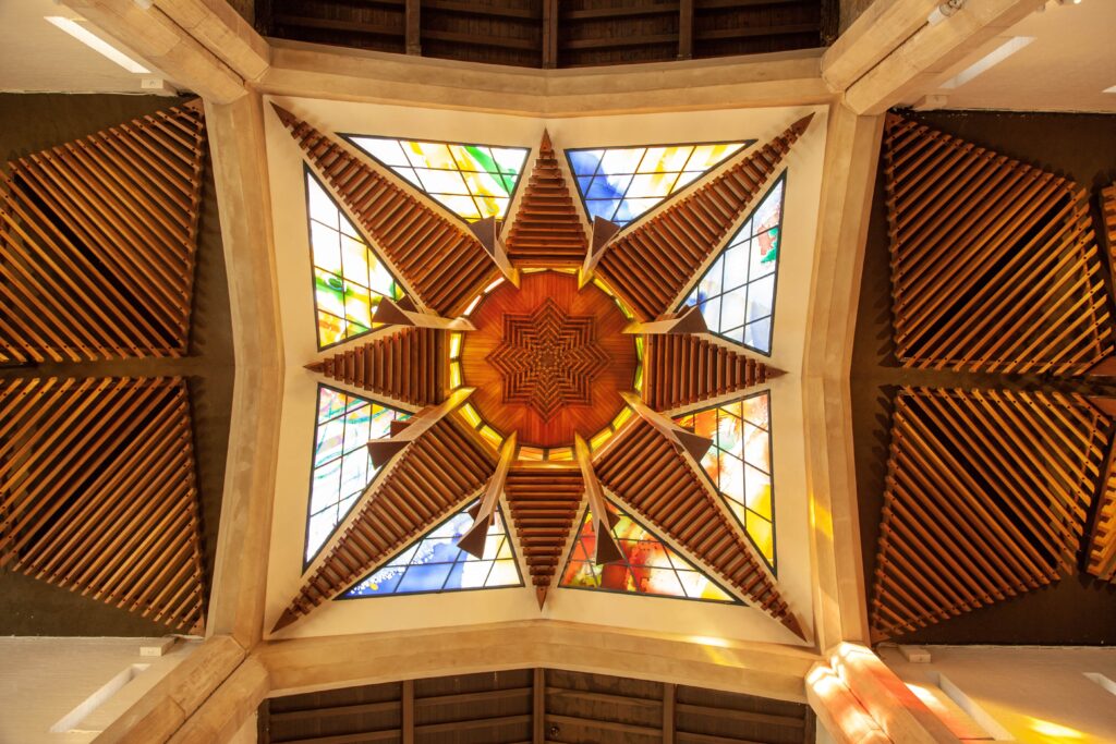 Low angle shot of modern stained glass